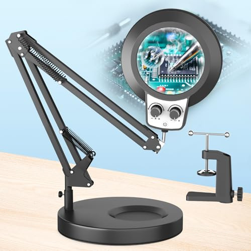 HITTI 12X & 30X Magnifying Glass with Light, Infinite Color and Brightness Desk Lamp & Clamp, 2-in-1 LED Lighted Magnifier Stand for Craft Reading Hobby Soldering Puzzle (12X & 30X Ring Base & Clamp)