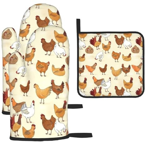 Heat Resistant Oven Gloves Set, Chicken Pot Holder Set For Baking, Grilling, 3 Piece Kitchen Mitts, Non-Slip & Waterproof Pot Holder Trivet For Baking, Bbq, Thermal Insulating Gloves, Hot Pads