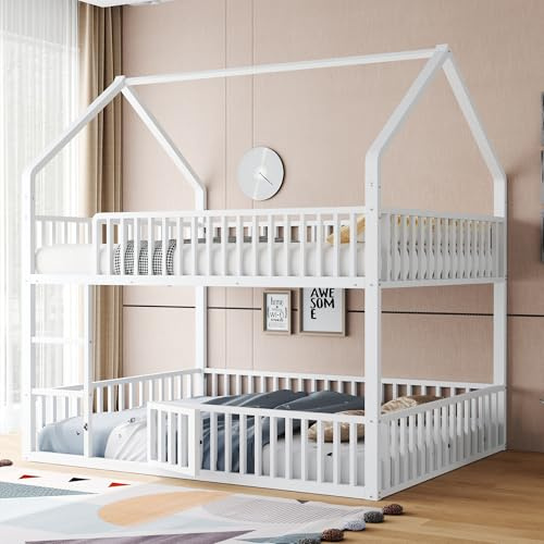Merax Kinder-Etagenbett 140x200 cm, Metall-Hochbett mit Treppe, Hausform Rahmen, unteres Bett mit Tür zum Öffnen und Schließen (ohne Matratze)