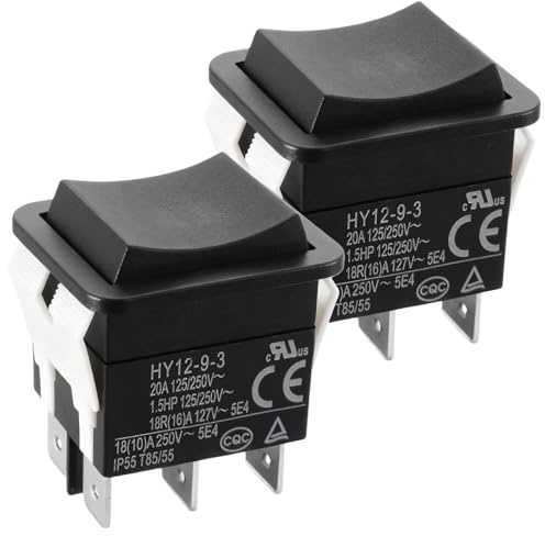 2 Stück 6-poliger Wippschalter, HY12-9-3 Drucktastenschalter, 125/250V 20 A/2HP PS für Elektrische Geräte, Gewerblichen Einsatz und Vielseitige Industrielle Anwendungen(Schwarz)