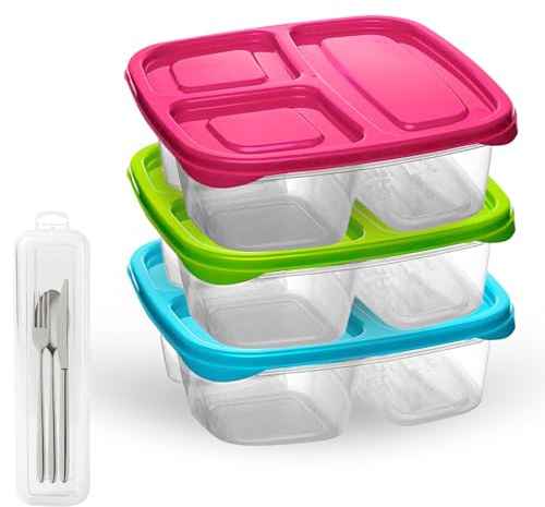 ELENANO 3 Lunch Box de Plastico sin BPA de 1,22L con Portacubiertos Fiambreras Comida Trabajo para Colegio Niños y Adultos de 20x20x6 cm Bento Box apta para Microondas y Lavavajillas (3 COLORES)