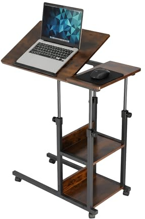 Relaxdays laptop-skrivbord, justerbar höjd 63-90 cm, lutbart, mobilbord med hjul, 2 hyllor, C-form, brun/svart