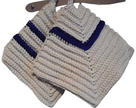 Aktion-WSV-Wie von Oma gemacht- -2er Set handgehäkelter Topflappen robuste Qualität-100% BW in natur/ungebleicht-mit blauen Streifen ca 22-cm