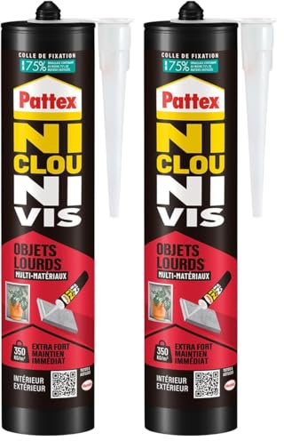 Pattex Ni Clou Ni Vis Fix Objets Lourds, Colle de fixation forte tous supports, colle de construction puissante et flexible, colle blanche, cartouche de 460 g (Lot de 2)