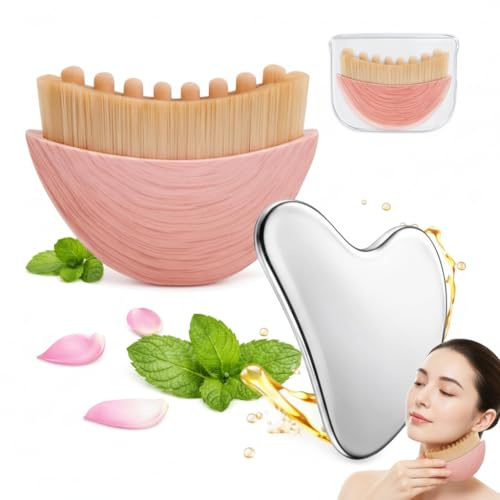 Lymphatic Contour Face Brush with Stainless Steel Gua Sha Tool - Lymphatic Face Brushes with GuaSha Tool | Gua Sha Facial Tools | Lymphatic Drainage Massager Face Brush for Sculpting