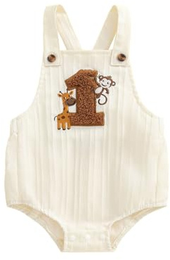 Qianderer Unisex Baby Boy First Birthday Outfit Sleeveless Embroidery Overalls Letter One Cake Smash Romper for 1st Birthday Party