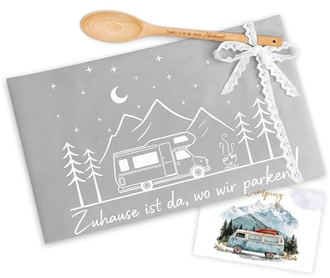 YJAUBKJOG Camping Geschenke für Camper, Camping Zubehör Geschirrtuch Set mit Holz Kochlöffel, Wohnwagen Deko Gadgets, Wohnmobil Zubehör Geschenkset für Frauen Männer, Campings Gadgets für Wohnmobile