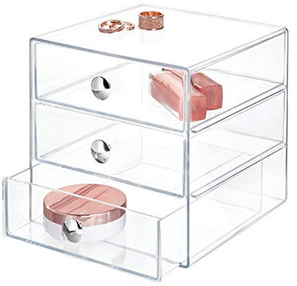 iDesign rangement maquillage à 3 tiroirs, compacte en plastique pour produits de beauté, ou cosmétiques, boîte à bijoux carrée, transparent