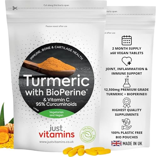 Turmeric Tablets | 12,500mg + Black Pepper BioPerine®, 475mg Curcuminoids & Vitamin C | 60 Vegan Tablets | Joint, Inflammation & Immune Support | UK Made - Just Vitamins