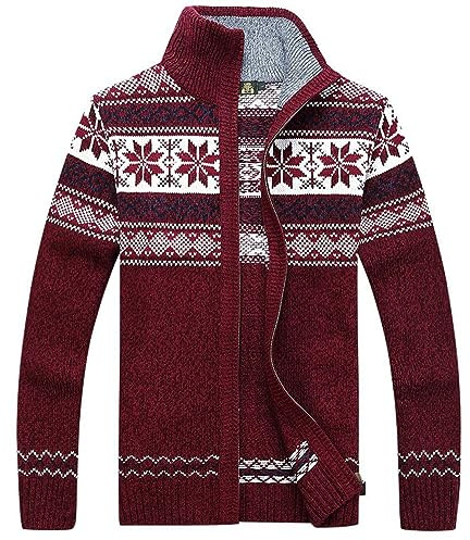 Kedera Casual Men's Thick Knitted Zipper Cardigan Sweater with Pattern (X-Large, Red)
