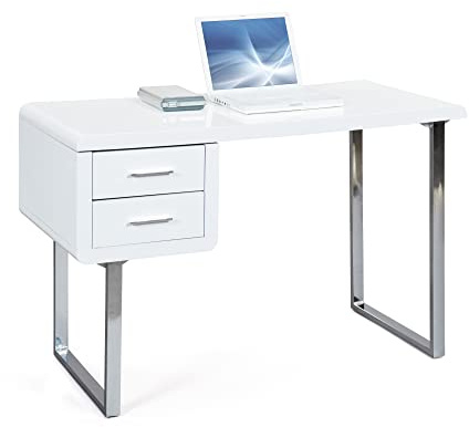 Inter Link - Escritorio blanco brillante - MDF lacado - Escritorio blanco moderno - con 2 cajones - Con estructura de metal - An:120 x F:55 x Alt76cm - Claude