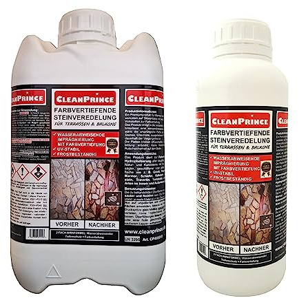 CleanPrince 5+1 = 6 LITER Farbvertiefende Steinveredelung für Terrassen und Balkone | Farbvertiefer Imprägnierung imprägnieren Schutzschicht Anti Fett Öl Schmutz Fleckstopp Farbintensivierung Steinimprägnierung Marmor Naturstein Betonstein Granit Schiefer Platten imprägnieren Farbe vertiefen Vertiefung Schutz Auftrag Sancfugen Pflasterfugen verschließen verdichten Imprägniermittel Versiegelung und Schutz gegen Flecken, Wasserränder etc.