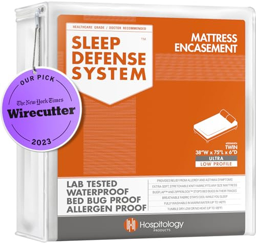 HOSPITOLOGY PRODUCTS Mattress Encasement - Zippered Bed Bug Dust Mite Proof Hypoallergenic - Sleep Defense System - Twin - Waterproof - Stretchable - Ultra Low Profile 6 Depth - 38 W x 75 L