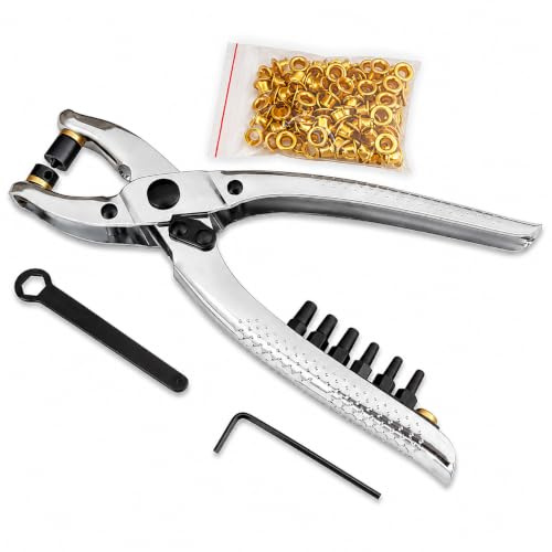 Topolenashop Pinza Fustellatrice e Occhiellatrice 2 in 1 con 100 Occhielli in Ottone – Perforatrice Manuale con 6 Diametri da 2 a 4,5 mm per Cuoio, Pelle, Teloni, Plastica, Tende, Borse e Cinture