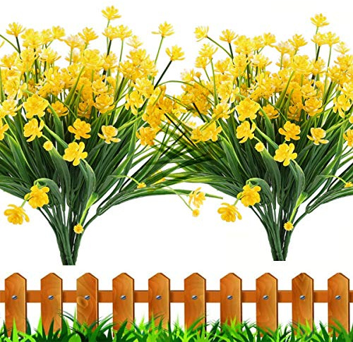Leixi Flores artificiales, 6 piezas falsas plantas resistentes a los rayos UV de plástico sintético, arbustos para interiores y exteriores, para colgar en casa, boda, decoración de jardín (amarillo)