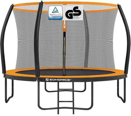 SONGMICS Garden Trampoline Round Diameter 305 cm with Safety Net, Ladder and Padded Bars, Safety Cover, Safety Black/Orange STR102O01