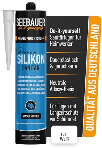 SEEBAUER diy Sanitär-Silikon Weiß 300ml - Fugen im Innen- & Außenbereich - Sicher gegen Schimmel und ideal für Bad, Küche & Wohnbereiche - Geruchsarm und frei von Schadstoffen (1 Stück)