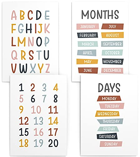 Papierschmiede® Kinderposter 4er Set Lernposter Englisch, DIN A4 (21x30 cm) Wanddeko, Geschenk für Mädchen & Jungen Kinderzimmer, bunte Buchstaben Zahlen Wochentage Monate, ABC Days Months