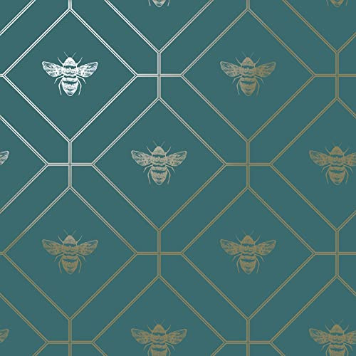 World of Wallpaper Honeycomb Bee, Metallic, Teal/Gold (50400) | Easy to apply wallcovering, Feature Wall, Octagons, Diamonds, Geometric, Bedroom, Living Room (10m x 53cm roll)