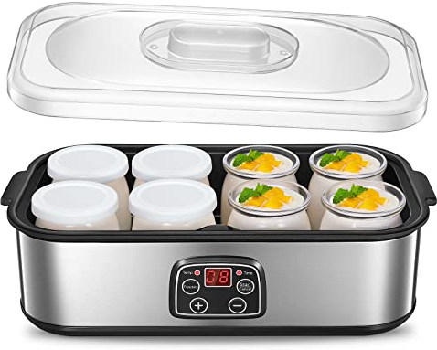 Yogurtera con 8 Vasos y Tapas, Máquina de Yogur Griega, LCD Pantalla de un Solo Toque, Fácil de Usar, Yogur Fresco Casero, Tiempo y Temperatura ajustables, sin BPA