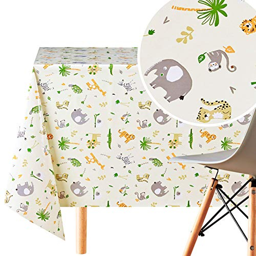 KP HOME Waterproof PVC Wipe Clean Tablecloth - Rectangle Oilcloth 98 X 55 in | 250 X 140 cm - Kids Safari Animals Wipe Down Table Cloth - Wipeable Kitchen Plastic Table Cover in Cream Beige