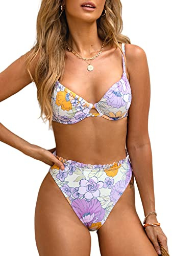 CUPSHE Damen Bikini Set Bügel Tunnelzug High Waist Rüschen Blumenmuster Bademode Zweiteiliger Badeanzug Swimsuit Lavendel XL