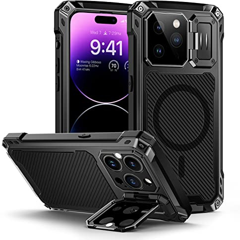 Lanhiem for iPhone 14 Pro Max Metal Case with Kickstand, Compatible with MagSafe, Built in Tempered Glass Screen Protector, Heavy Duty Shockproof Rugged Phone Cases, Full Body Tough Cover (Black)