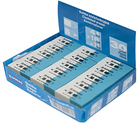 DONAU 7307001PL-99 - Gomme da cancellare, 30 pezzi, colore: Bianco/Blu/Gomma di alta qualità, utilizzabile su entrambi i lati, 41 x 18 x 11 mm