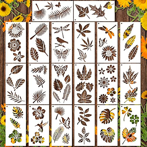 MWOOT 20 Blätter Malerei Schablonen Painting Stencils,Wiederverwendbare Pflanze Leaf Zeichnung Vorlage Satz,DIY Blume Drawing Templates für Scrapbooking Leinwand Möbel Handwerk Dekoration(23x11cm)