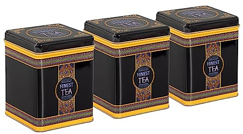 tea4chill 3 Stk Teedosen für losen Tee 100g, Gewürzdosen Finest Tea, Metall, eckig mit Scharnierdeckel, vintage Design, 75 x 75 x 95mm (LxBxH)