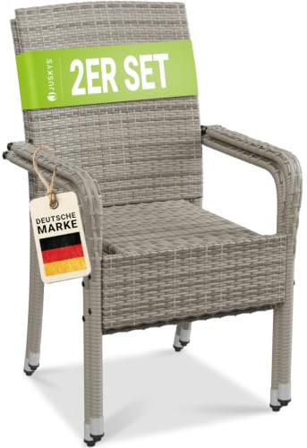 Juskys Ensemble de 2 chaises de Jardin Yoro en rotin avec accoudoirs et Dossier - 2 chaises empilables - Chaise en rotin pour Le Jardin - Chaise empilable Chaise de Balcon Gris chiné