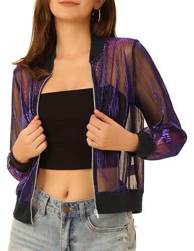 Allegra K Damen Metallic Jacke Langarm Stehkragen Party Durchsichtig Glitzer Mesh Bomberjacke Jacke