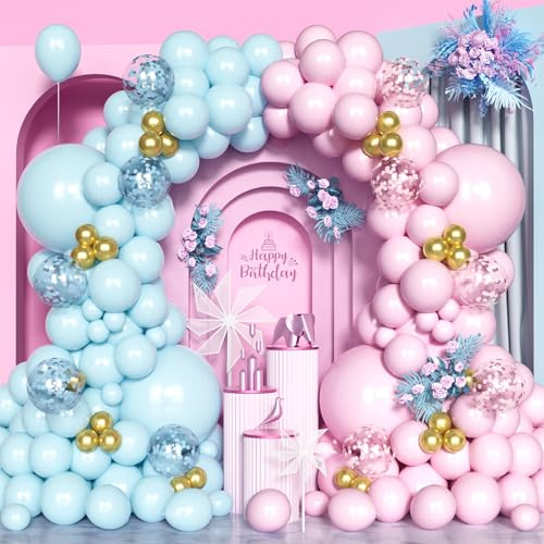 Kit Arco Globos Rosa Azul, 125 Piezas Guirnalda Globos Azul Rosa Pastel con Globos Confeti Globo Dorado Metálico para Revelar Género Niños Niñas Baby Shower Decoración Fiesta Cumpleaños