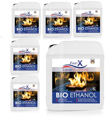 Fast X Bio Ethanol 25L 100% Natürlich, für Ethanolkamine & Alkoholbrenner. Umweltfreundlich & geruchsfrei, sicher für Raum- & Gartenfeuer mit rückstandsloser Verbrennung (25x1L)