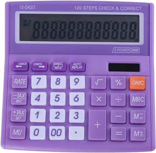 Calcolatrice da scrivania base da ufficio a 12 cifre con energia solare e display LCD facile da leggere, pulsanti grandi, per casa, ufficio, scuola, classe e lavoro, con batteria, viola