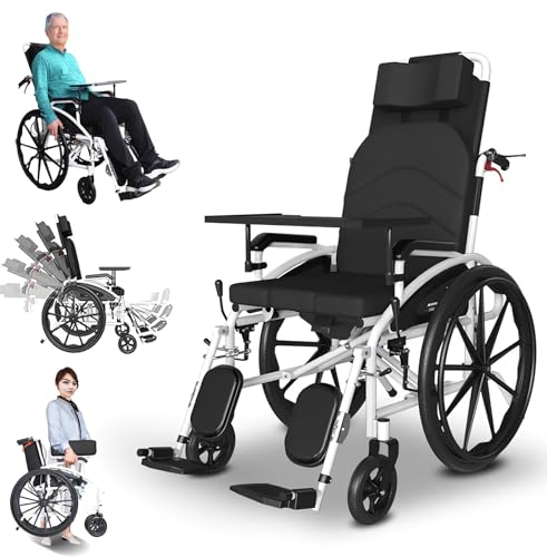 Bueuwe rollstuhl faltbar leicht,rollator schmal für wohnung, rollator, Pflegerollstuhl mit Liegefunktion, Reiserollstuhl, neigbar, Höhe und Tiefe einstellbar