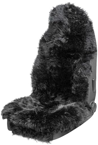 WALSER funda de asiento premium de piel de cordero Marla, funda de asiento de coche 100% de piel con 5cm de altura de lana, protector de asiento de piel de cordero, funda protectora de piel negro