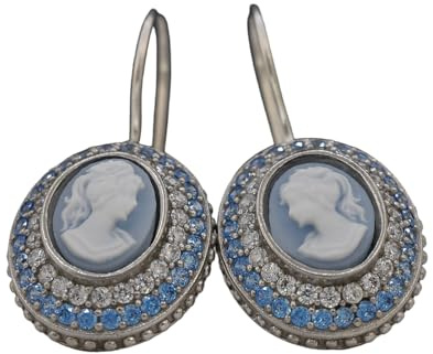 925 Silber Ohrhänger - Hängend - Lady Cameo - Vintage - Kamee - Antik - Zirkonia - Blau - Gemme - Jugendstil - Geschenk für Mama - Muttertag - Schmuck-Geschenk