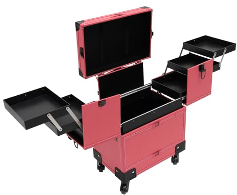 HINOPY Kosmetikkoffer Trolley, Profi Groß Schminkkoffer Kosmetik-Trolley Multikoffer mit Spiegel & Rollen Abschließbar für Visagisten, Friseure usw