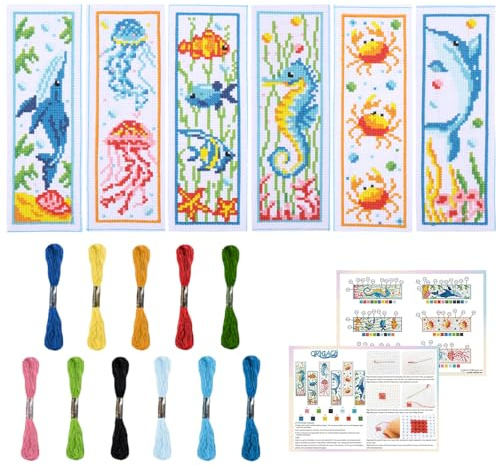 ORIGACH 6 Stück Meerestiere Kreuzstich Lesezeichen Set für Anfänger | 11CT Kreuzstich Set mit Anleitung Vorgedruckt, Vorgedruckt Sticken Lesezeichen-Set für Erwachsene Buch-Liebhaber