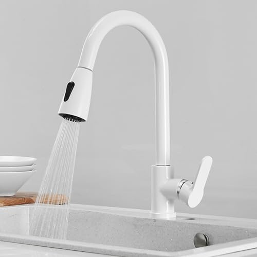 Rubinetto Cucina con Doccetta Estraibile, Miscelatore Cucina Estraibile Bianco 2 Modalità Ugello Acqua Fredda e Calda Ottone Rubinetteria Cucina Estraibile-Bianco
