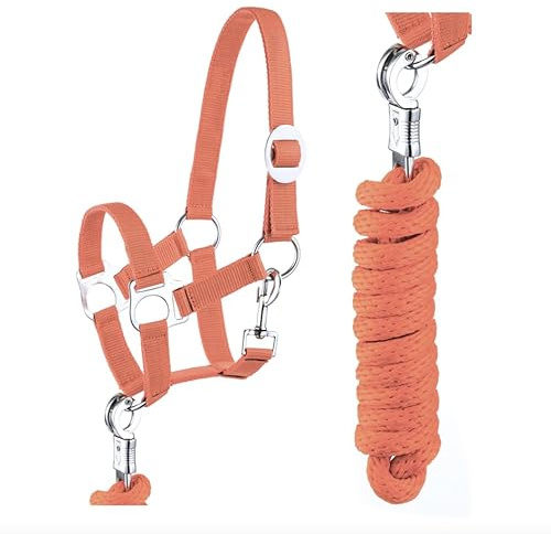 JA4002 Halfter Führstrick Set mit Panikhaken verstellbar Pferdehalfter Pferd Holzpferd Anbindestrick (Panikhaken Orange, Pony)