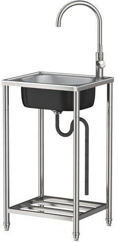 Stainless Steel Sink Freestanding Commercial Square, Stainless Steel Single Bowl Station Utility Sink with Tap for Outdoor Garden Kitchen Bar Restaurant