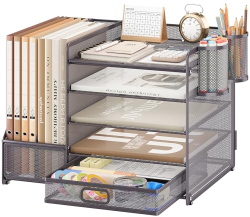 VITVITI Robuste Organisateur de Bureau avec Porte-Documents, 5 Niveaux - Porte-Lettres avec Tiroir et 2 Porte-Stylos - Compartiments de Rangement en Maille pour Fournitures de Bureau, Argent