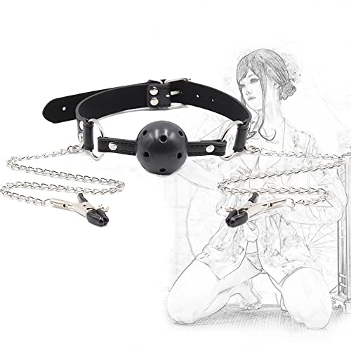 BDSM Bondage Mordaza bucal con abrazaderas para pezones sexuales Mordaza de boca abierta de silicona Mordaza de bola hueca Abrazaderas para pezones ajustables con cadena Estimulación