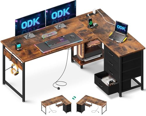 ODK Corner Desk with Drawers, L Shaped Computer Desk, 135 x 100 cm, Brown