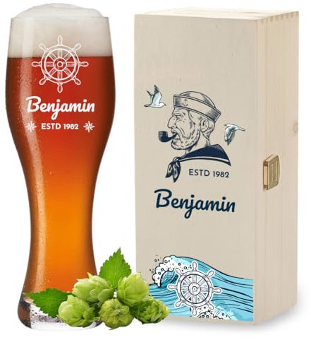 polar-effekt Bicchiere da birra bianco 0,5 litri con incisione + scatola di legno con stampa – Set regalo con nome per uomini – Ideale per compleanno e festa del papà – Bicchiere da birra per grano
