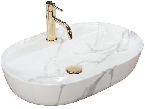 VBChome Waschbecken 61 x 41 cm Keramik Weiß-Marmormuster Oval mit Hahnloch Waschtisch Handwaschbecken Aufsatzwaschbecken Waschschale Keramikwaschbecken Waschbecken im Badezimmer