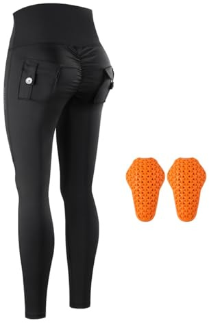 WOSAWE Damen Motorradhose High Waist Cargo Leggings Scrunch Butt Po Lifting Yoga Hosen mit Taschen (Schwarz mit Knieschützer, S)