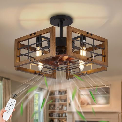 Industrial Vintage Ceiling Fan with Remote Control and Cage Light Silent Ceiling Fan for Bedroom Living Room Dining Room E27 Ceiling Fan Light Fixture for Retro Decor.